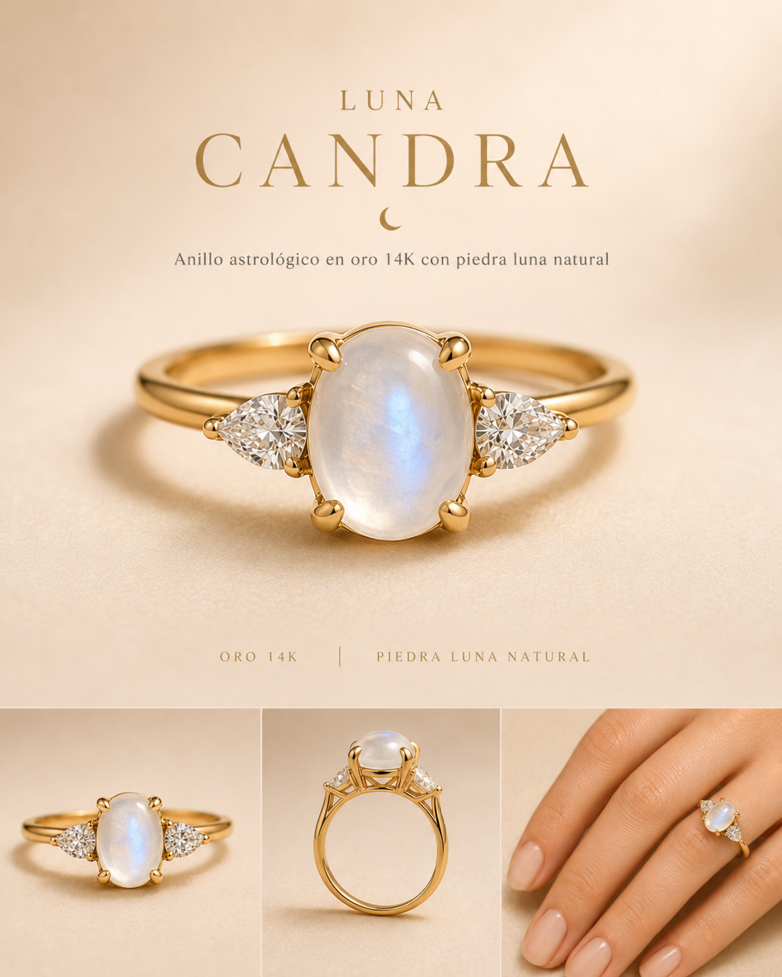 Anillo astrológico Candra en oro 14K con piedra luna natural