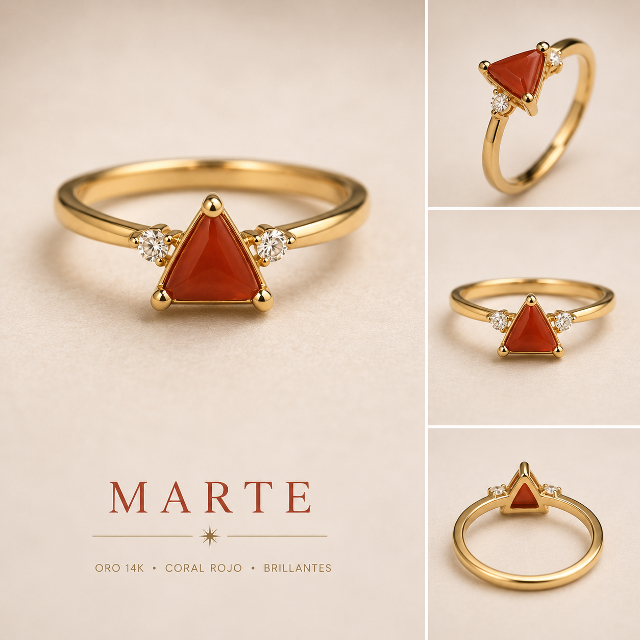 Anillo astrológico Marte en oro 14K con coral rojo natural