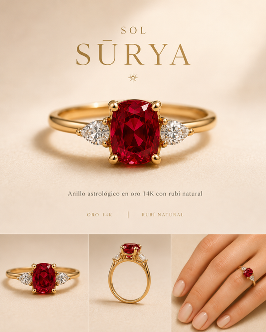Anillo astrológico Sūrya en oro 14K con rubí natural