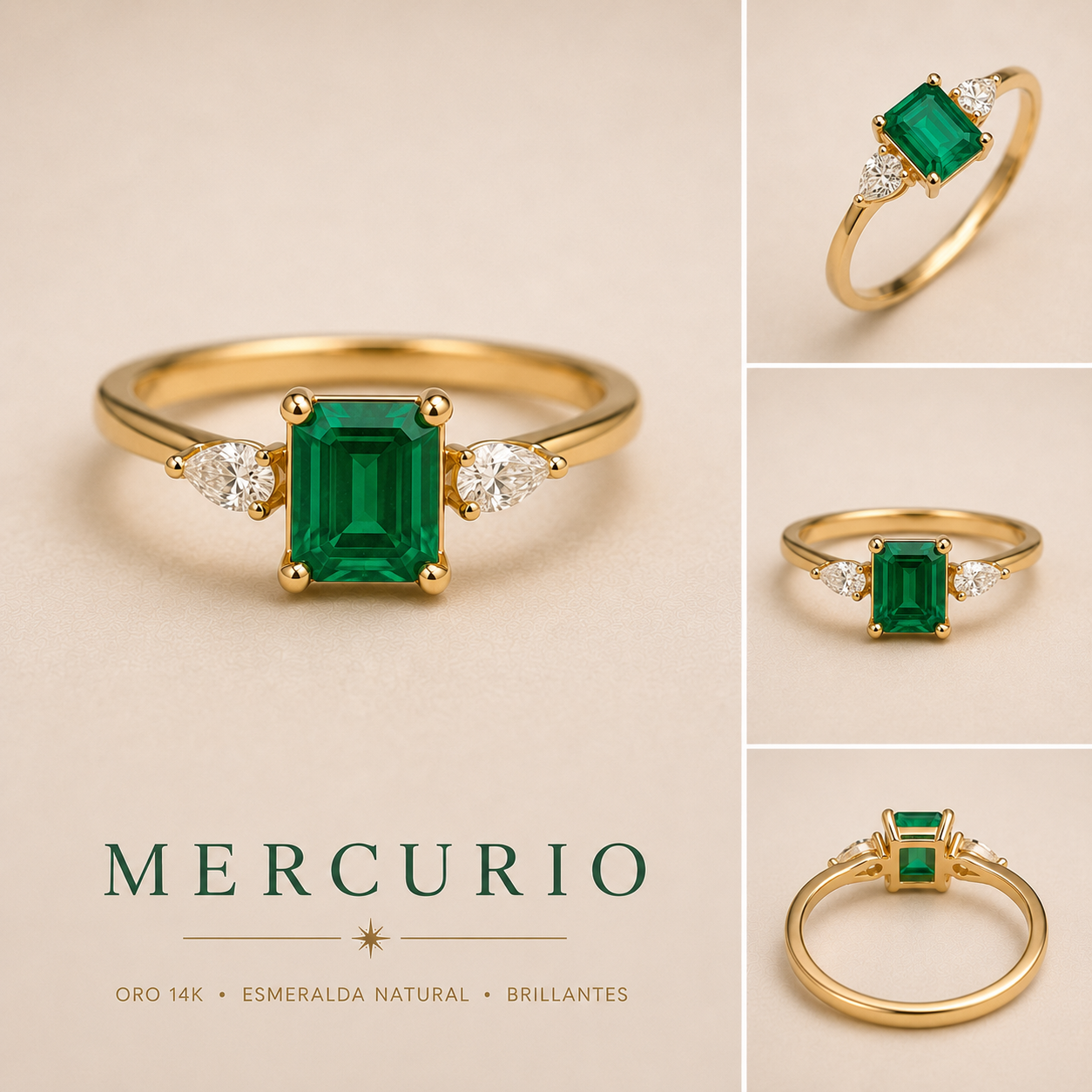 Anillo astrológico Mercurio en oro 14K con esmeralda natural